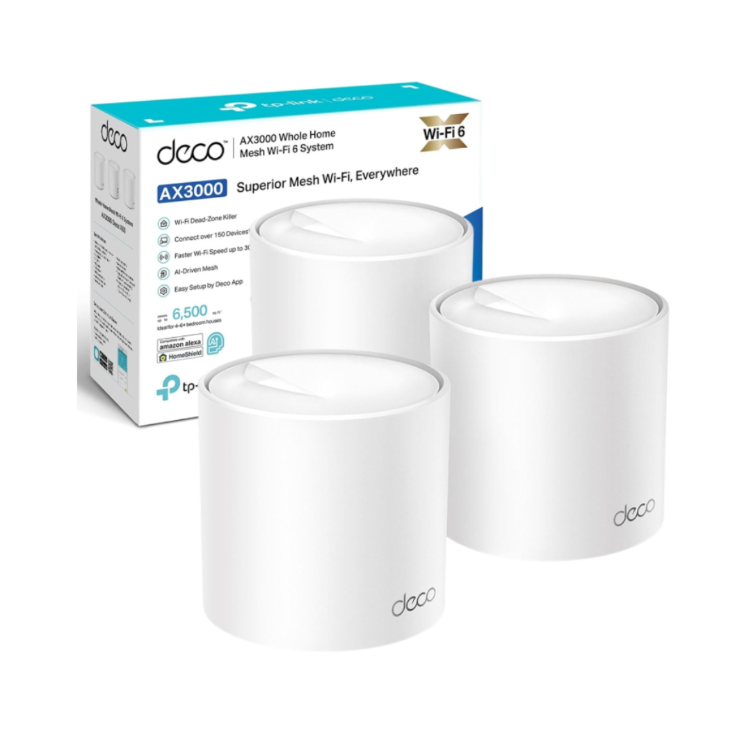 TP-Link Deco AX3000 mesh Wi-Fi 6 system with packaging on a white background