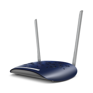 Blue wireless router with two antennas on a white background