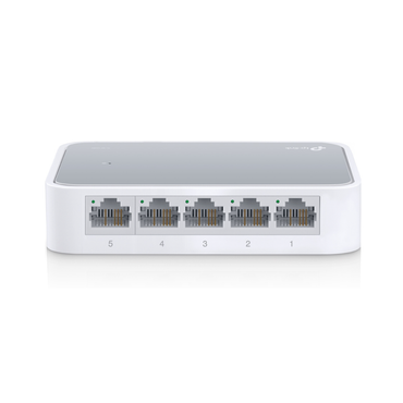 Network switch with six Ethernet ports on a white background