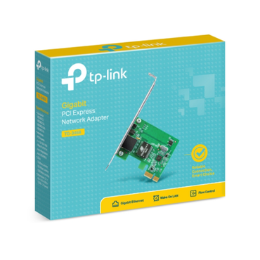 TP-Link network adapter packaging with a green circuit board illustration on a blue background