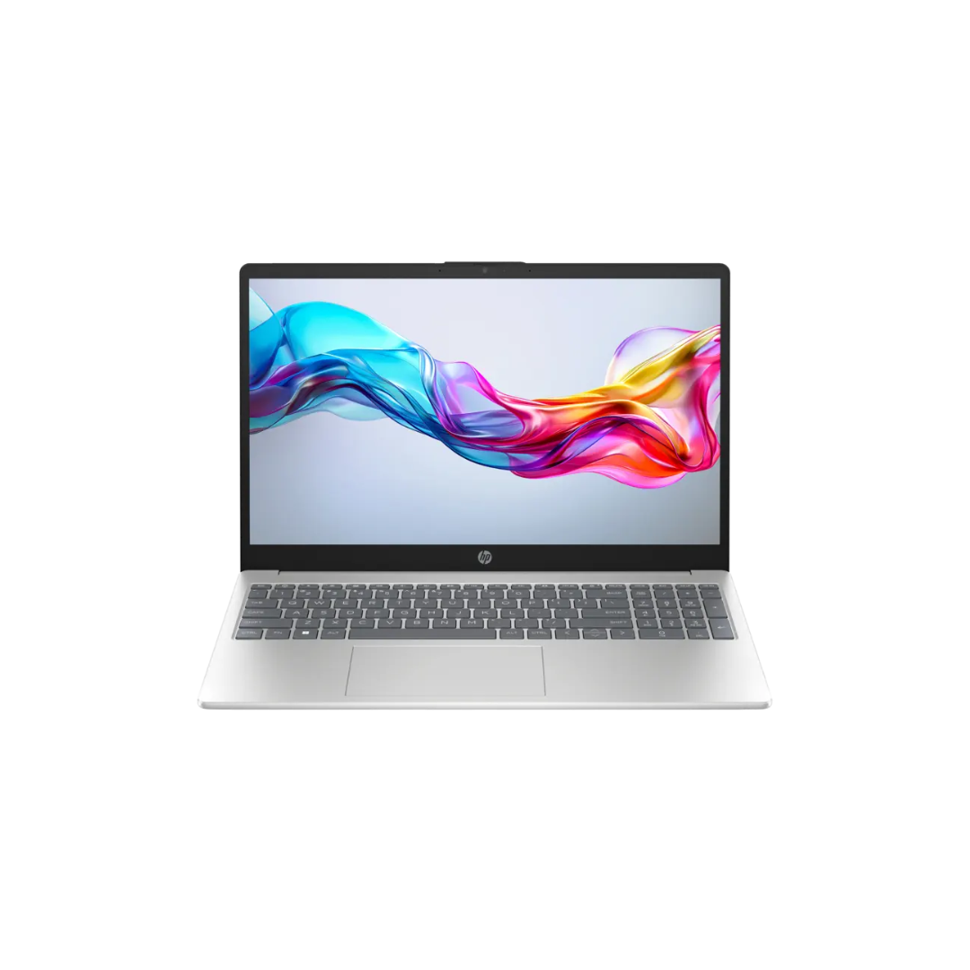 Laptop with colorful display on a white background