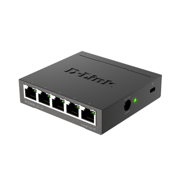 D-Link network switch with five Ethernet ports on a white background