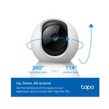 Smart camera with 360-degree horizontal and 114-degree vertical view on a white background, featuring the Tapo brand.