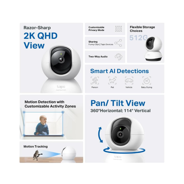 Smart home security camera with features listed on a white background