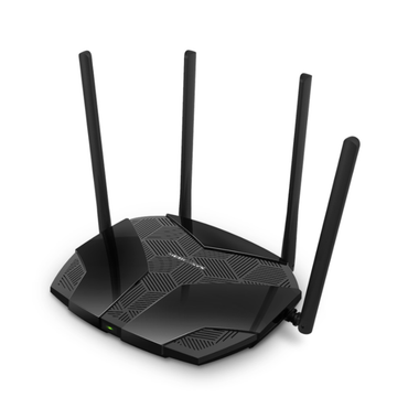 Black router with multiple antennas on a white background