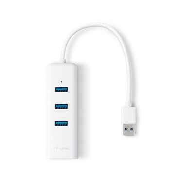 White USB hub with three ports on a white background