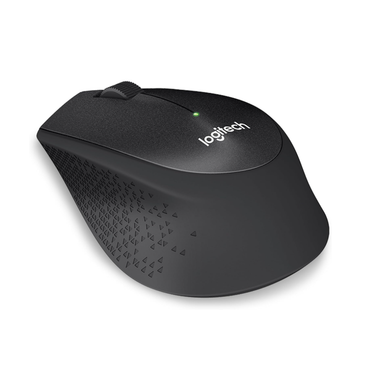 Black Logitech computer mouse on a white background