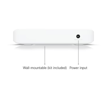 White wall-mounted device with power input labeled on a white background