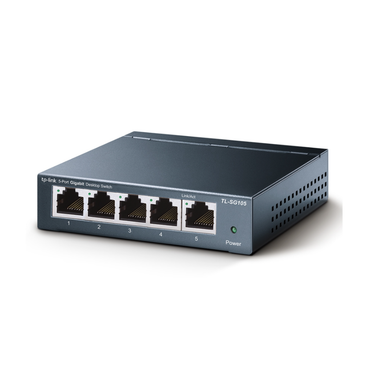 Network switch with five Ethernet ports on a white background