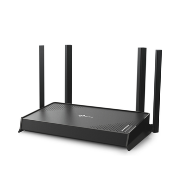 Black router with multiple antennas on a white background