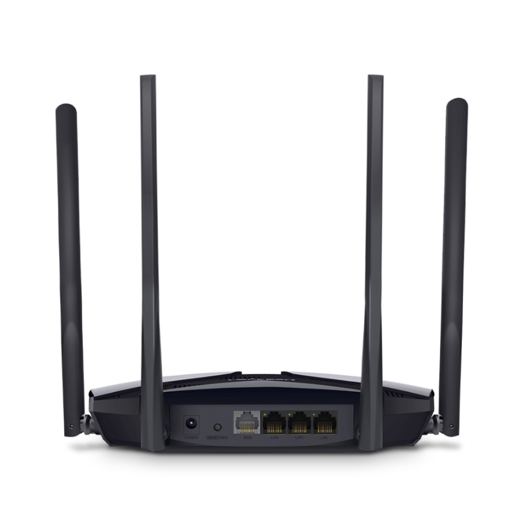 Black router with multiple antennas on a white background