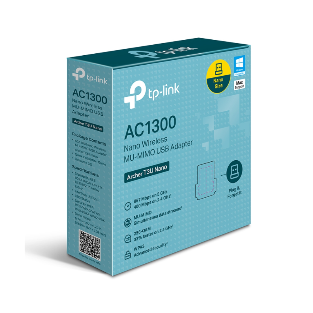 TP-Link AC1300 Nano Wireless MU-MIMO USB adapter packaging on a white background