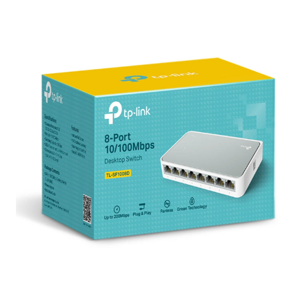 TP-Link 8-port switch packaging on a white background