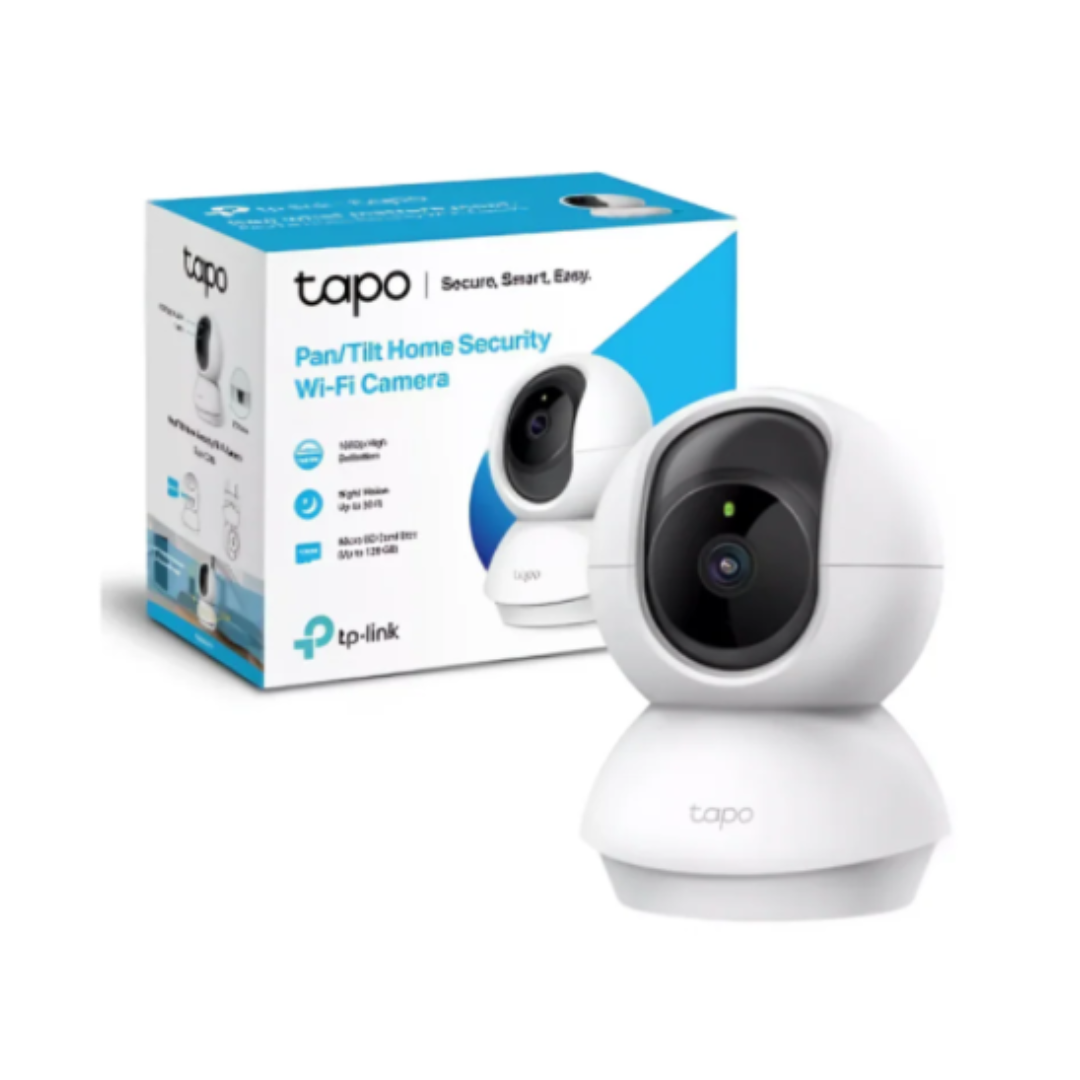 TP-Link Tapo home security camera with packaging on a white background