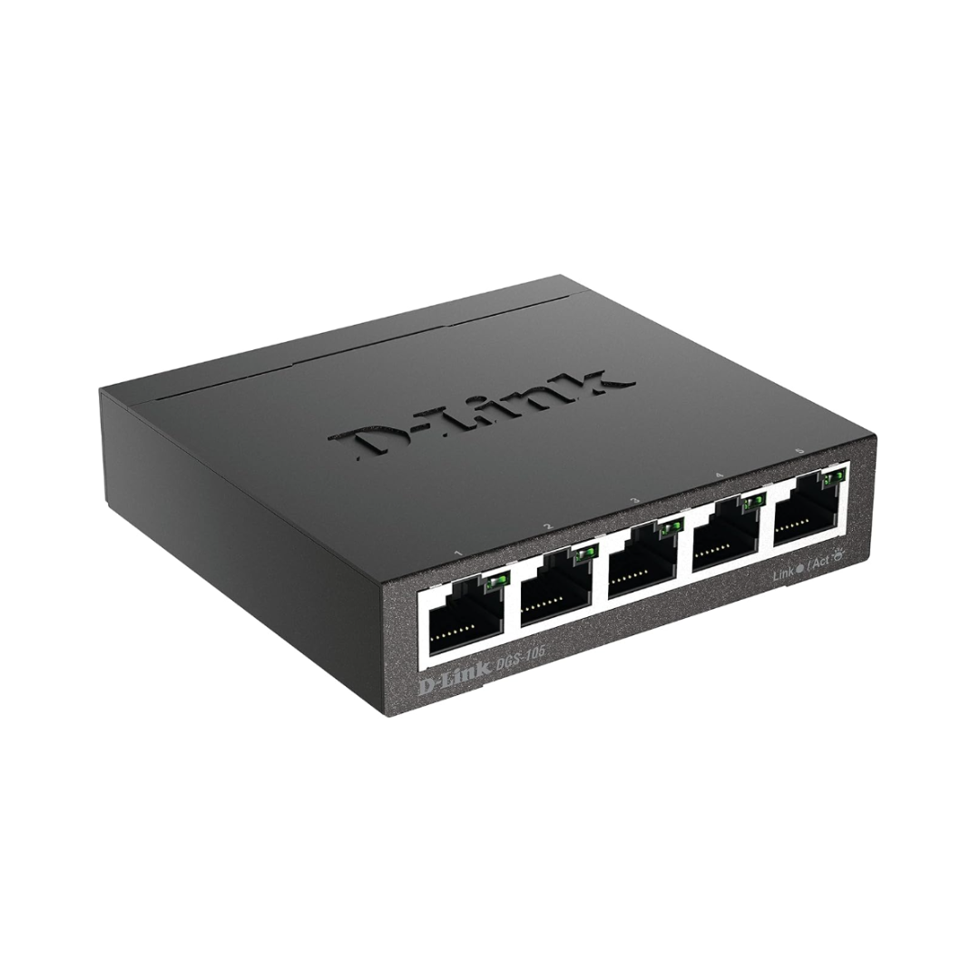 D-Link network switch with five Ethernet ports on a white background