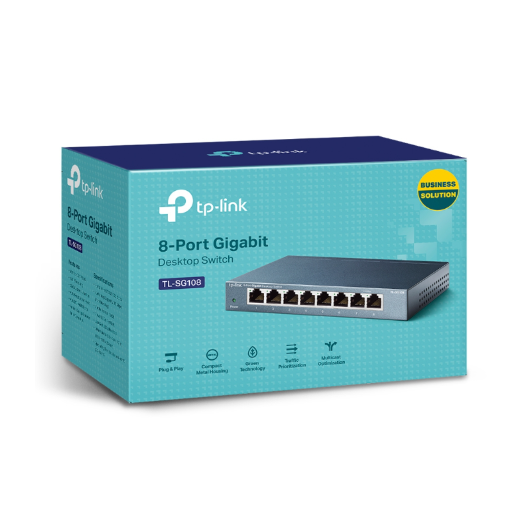 TP-Link 8-Port Gigabit switch packaging on a white background