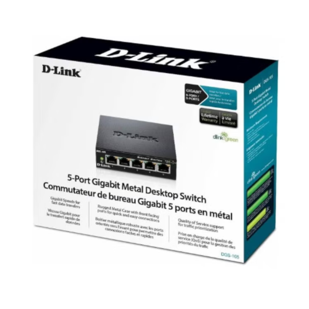 D-Link 5-port gigabit metal desktop switch packaging on a white background