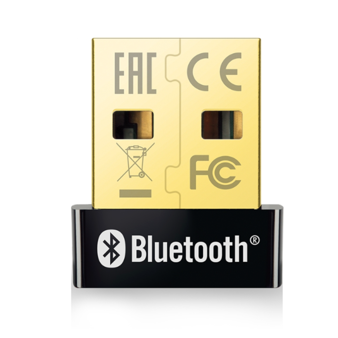 Gold and black Bluetooth adapter with certification logos on a white background