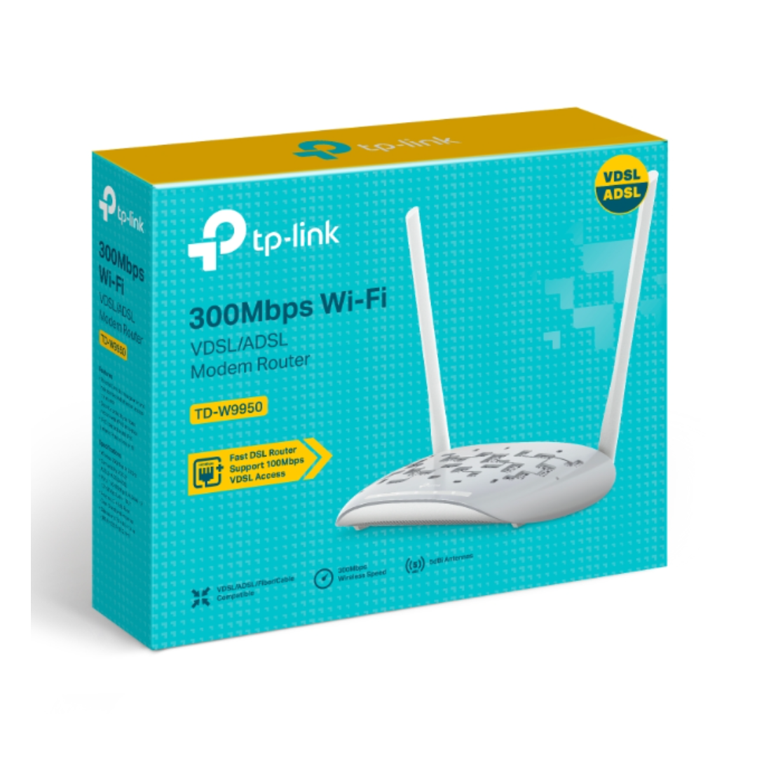 TP-Link modem router packaging with blue and yellow design