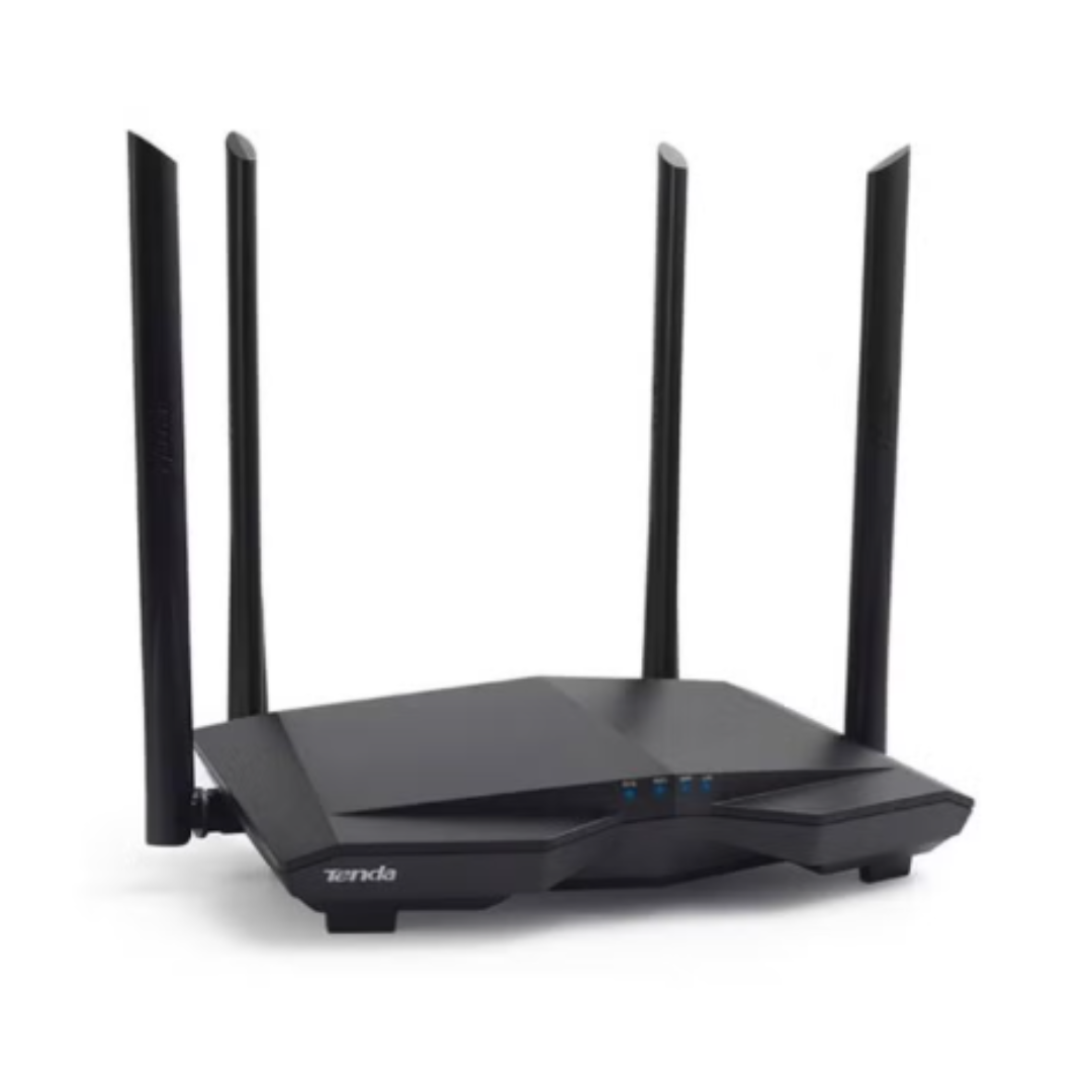 Black router with multiple antennas on a white background