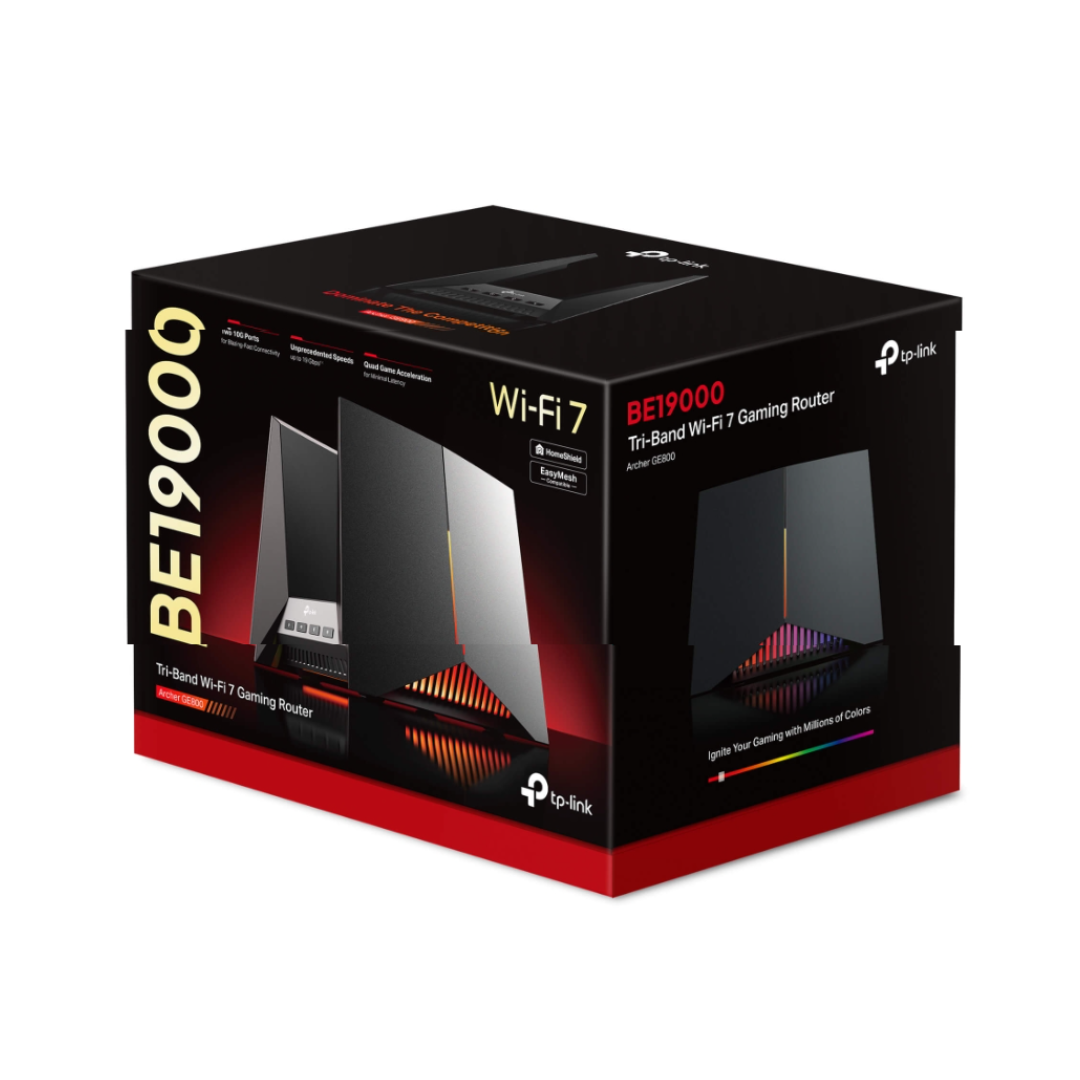 TP-Link BE19000 Wi-Fi 7 gaming router packaging on a white background