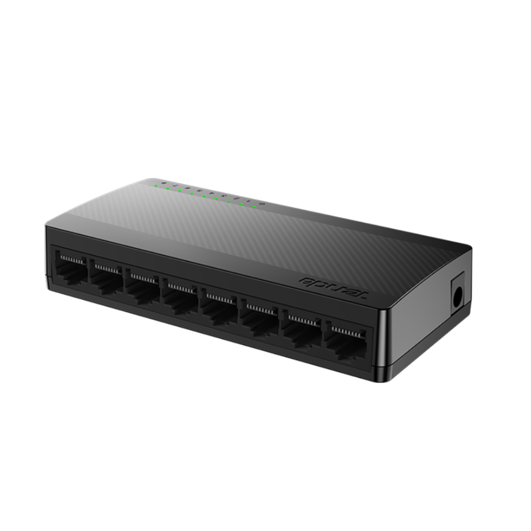 Black network switch with multiple ports on a white background