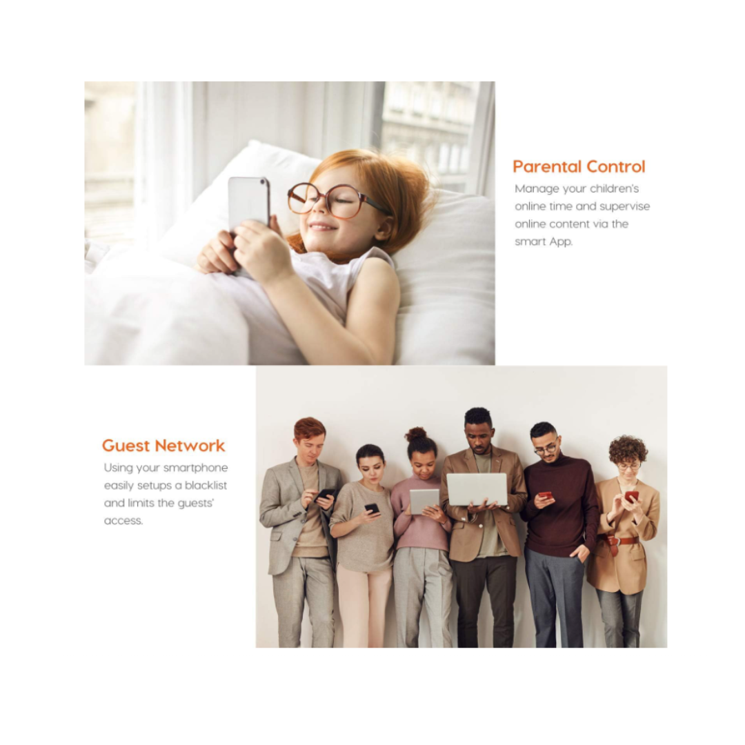 Child using a smartphone with text about parental control and guest network on a white background.