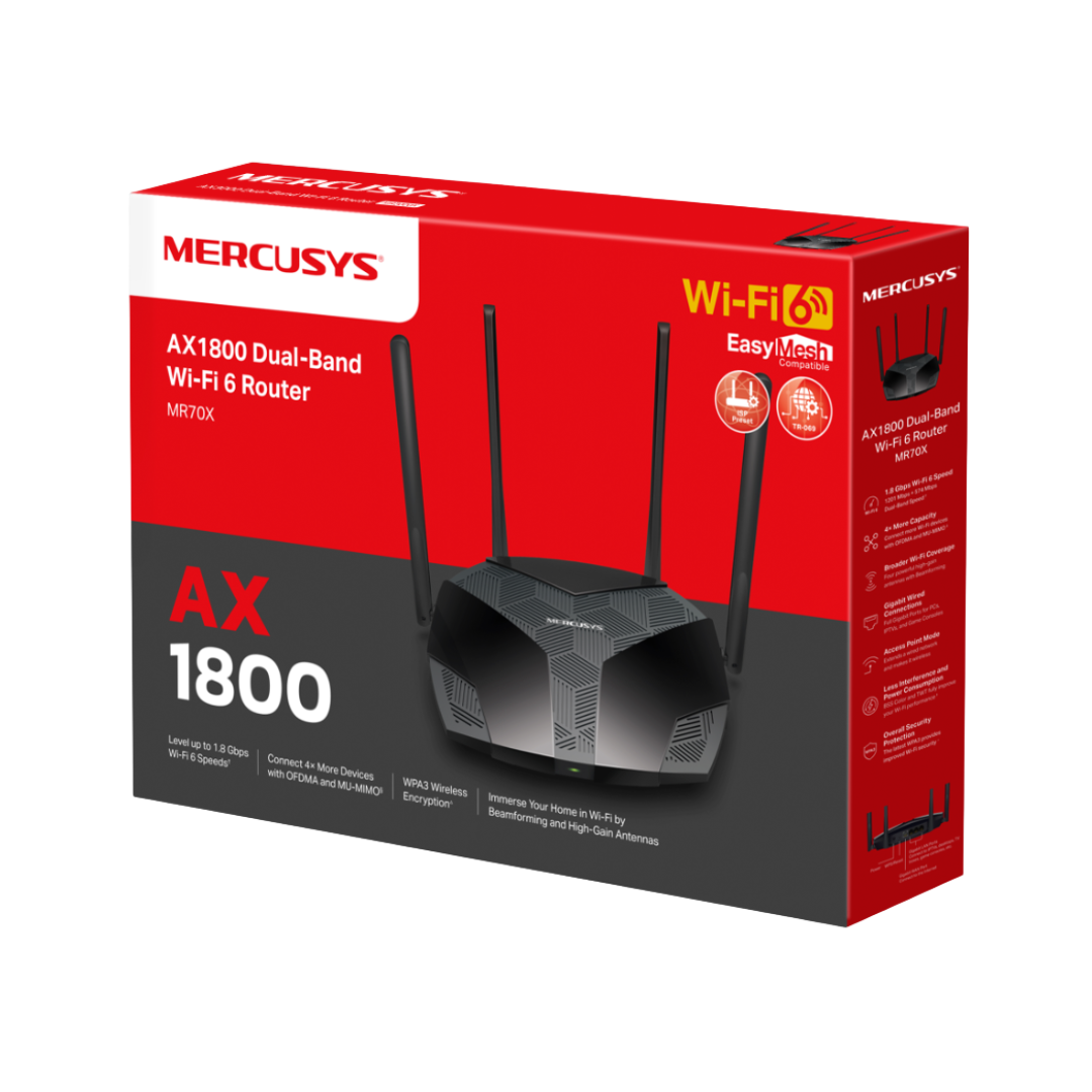 Mercusys Wi-Fi router packaging with red and black design on a white background