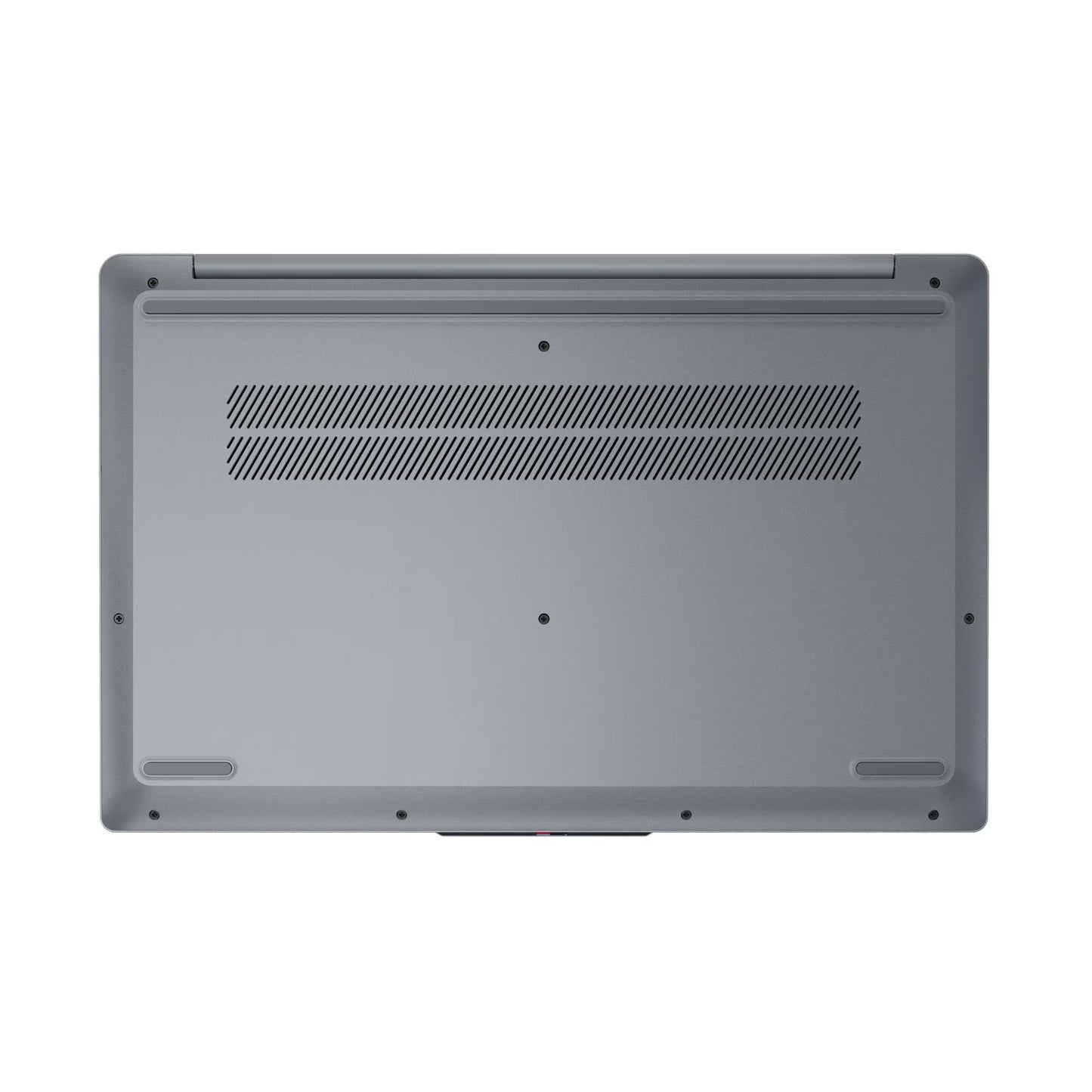 Back view of a gray laptop on a white background