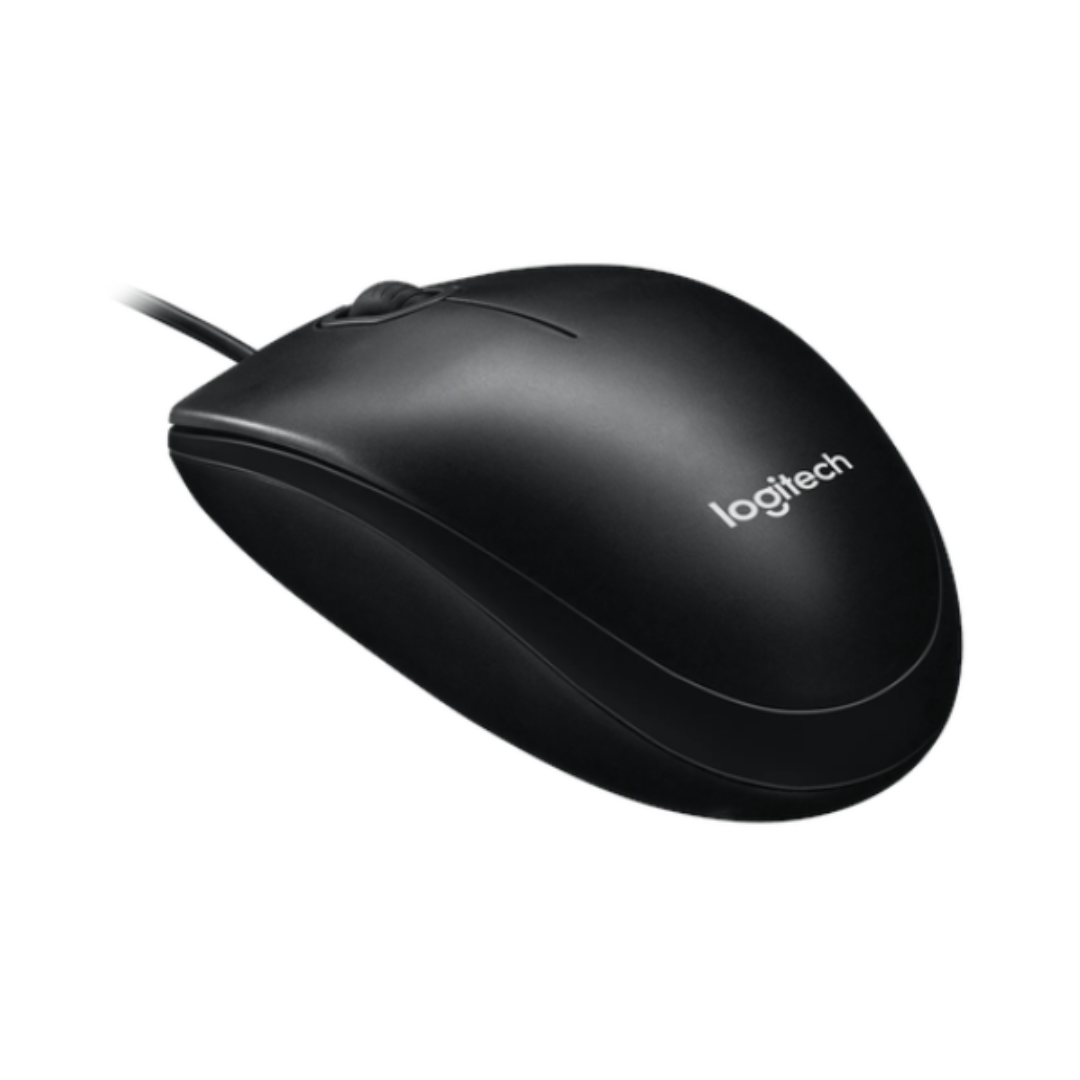 Black Logitech mouse on a white background