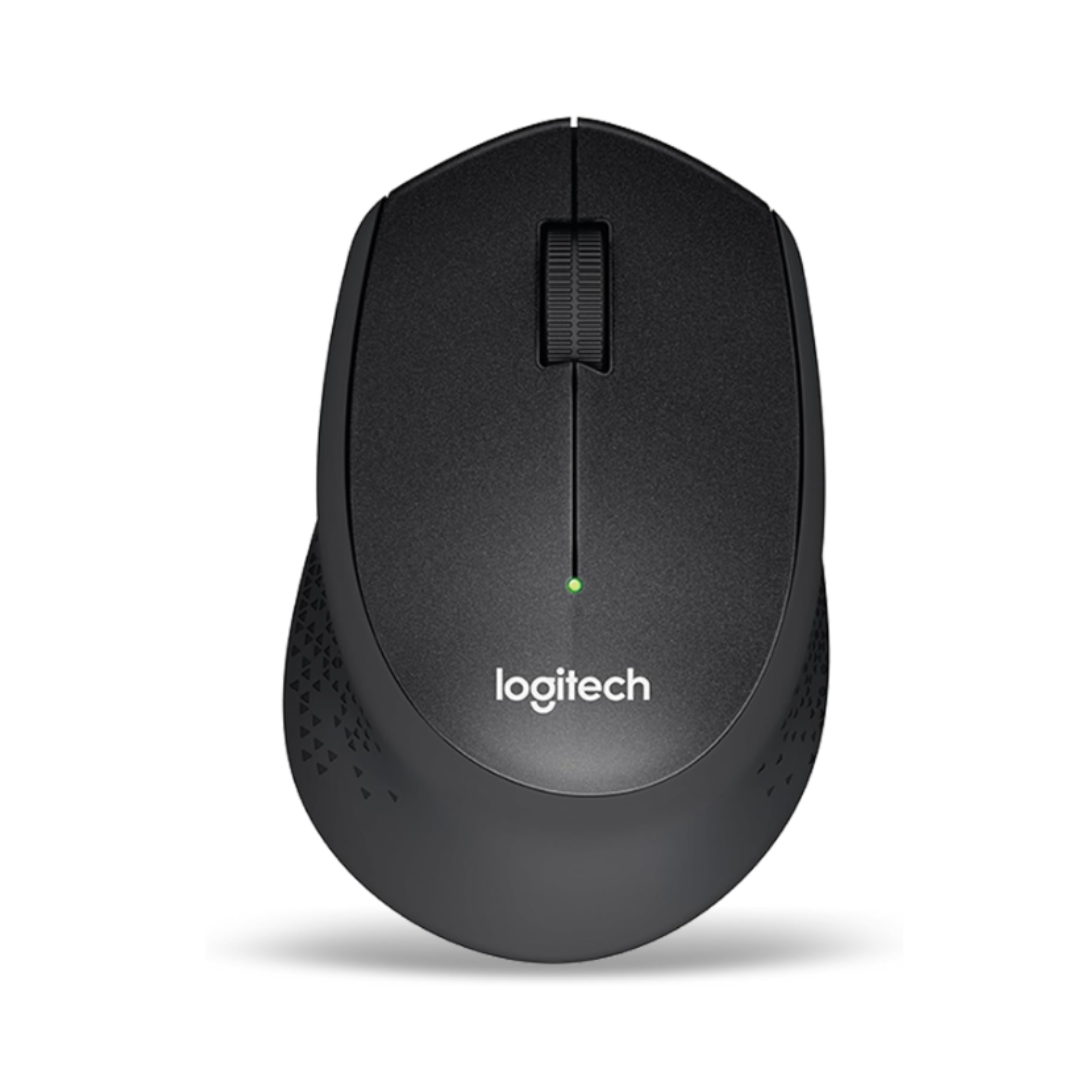 Black Logitech mouse on a white background