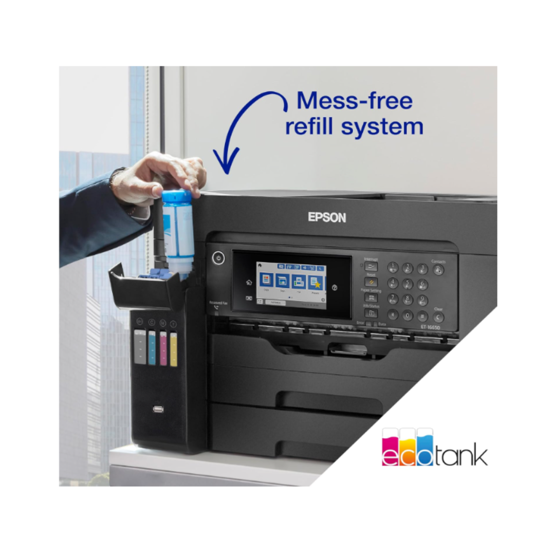 Epson printer with a hand refilling ink cartridges, featuring the 'Mess-free refill system' text.