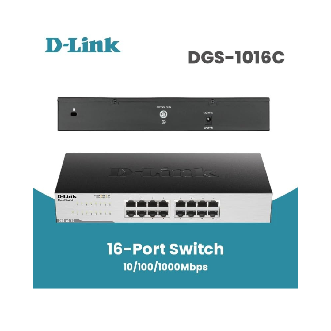 D-Link 16-port switch with front and back views on a white background