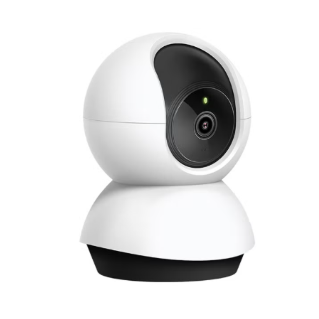 White security camera with black lens on a white background