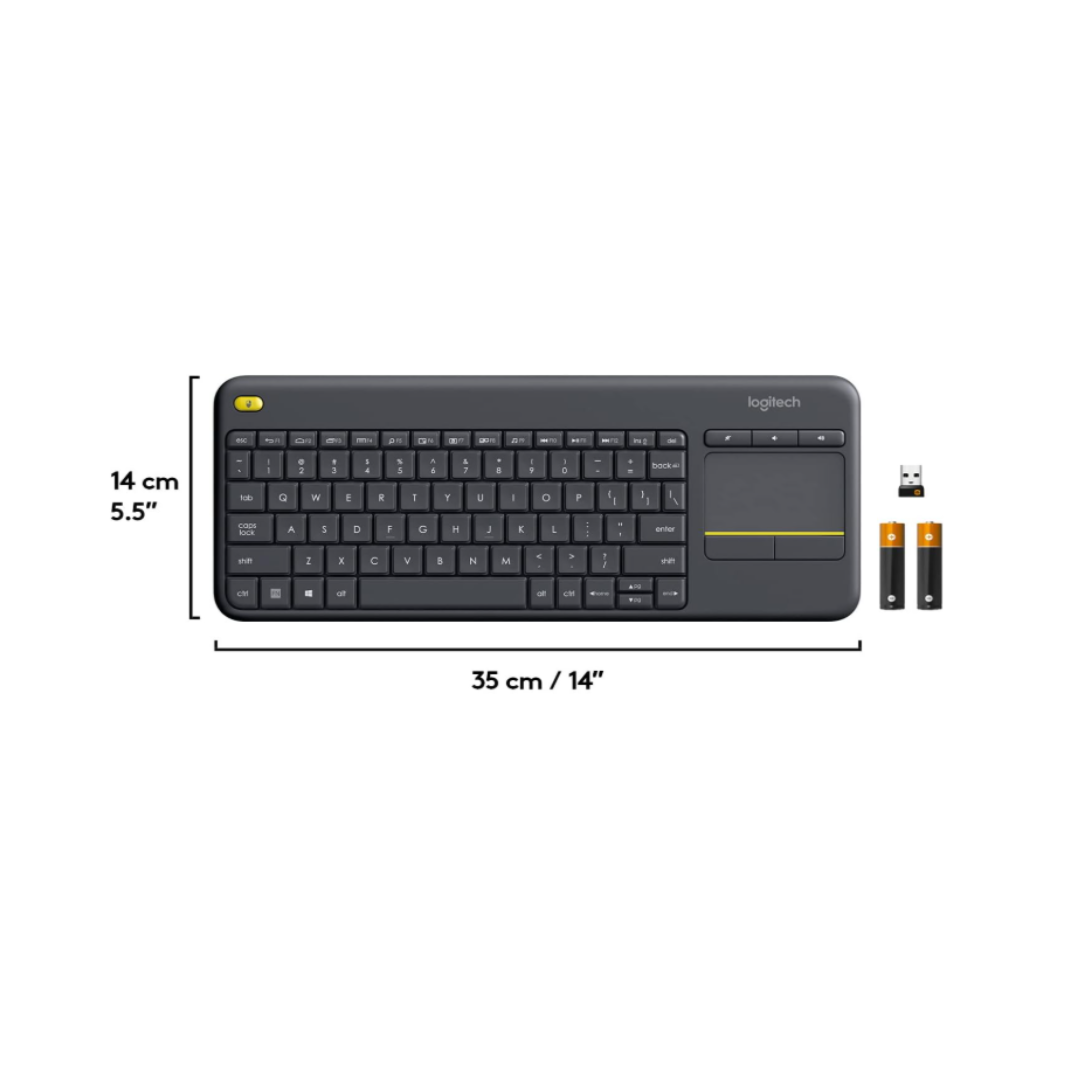 Logitech keyboard with measurement details on a white background