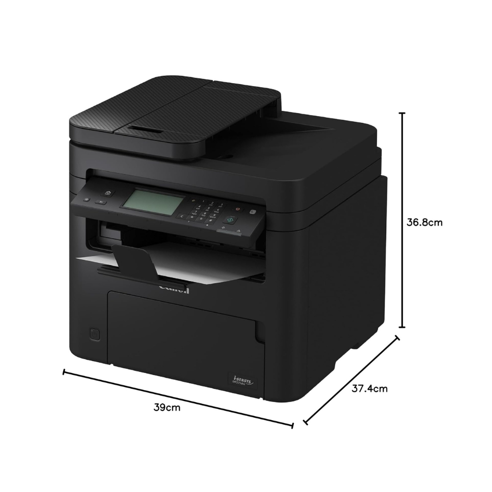 Black printer with dimensions labeled on a white background