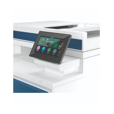 Control panel with touchscreen interface on a white and blue machine