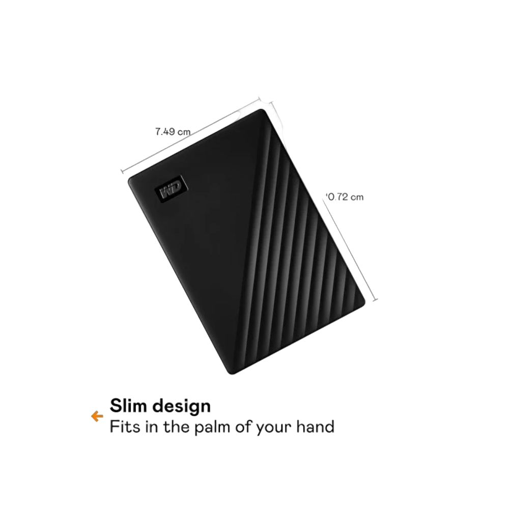 Black external hard drive with dimensions and text indicating 'Slim design, fits in the palm of your hand' on a white background.
