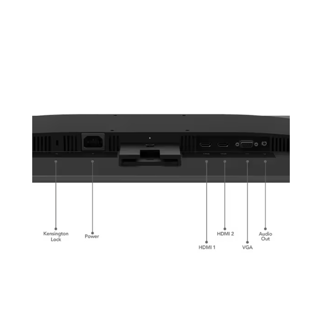 Back view of a electronic device with labeled ports on a white background