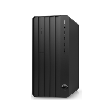 Black HP desktop computer tower on a white background
