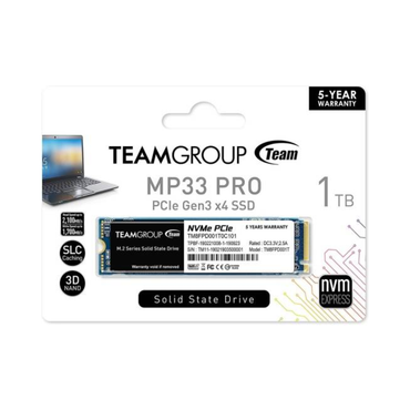 TeamGroup MP33 PRO SSD packaging with laptop illustration on a white background