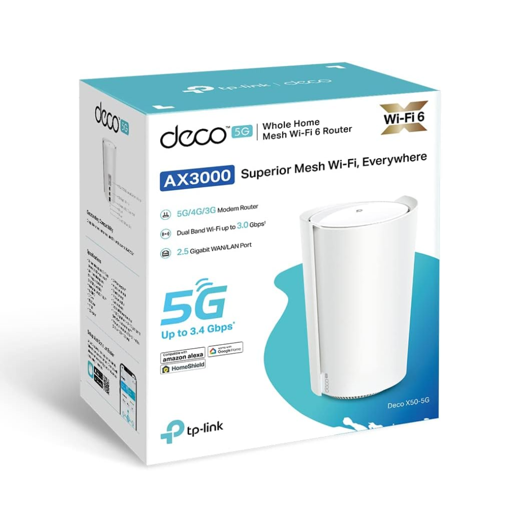 TP-Link Deco router packaging with Wi-Fi 6 and AX3000 branding on a white background