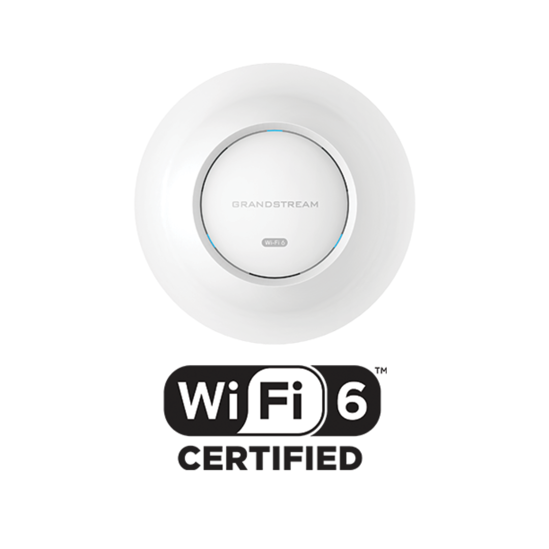 White network device with Grandstream branding and WiFi 6 certification logo on a white background