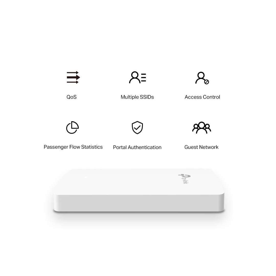 White electronic device with icons and text on a white background