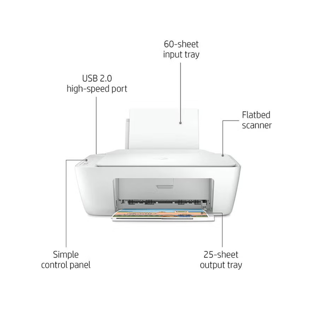 White printer with labeled features on a white background