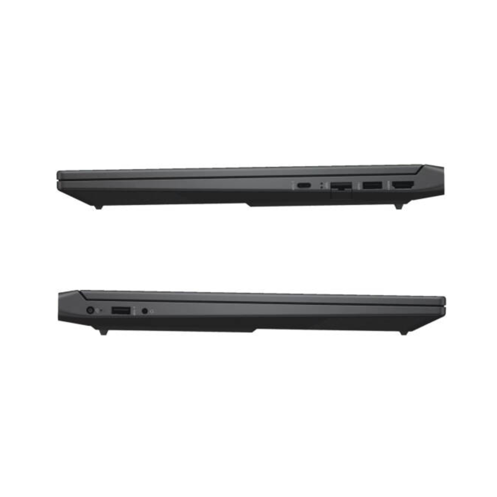 Two views of a black laptop on a white background