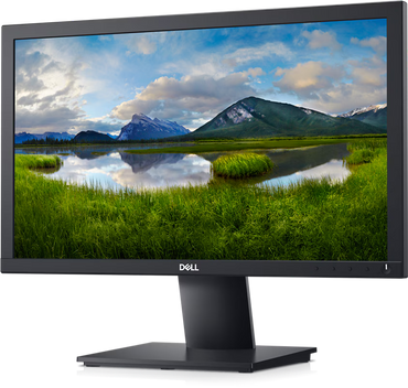 Dell monitor displaying a scenic wallpaper of mountains and lake