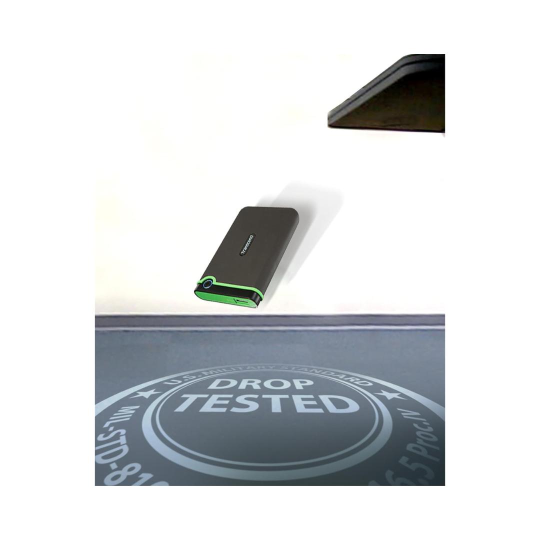 Black electronic device with green accent on a white background, featuring 'Drop Tested' branding.