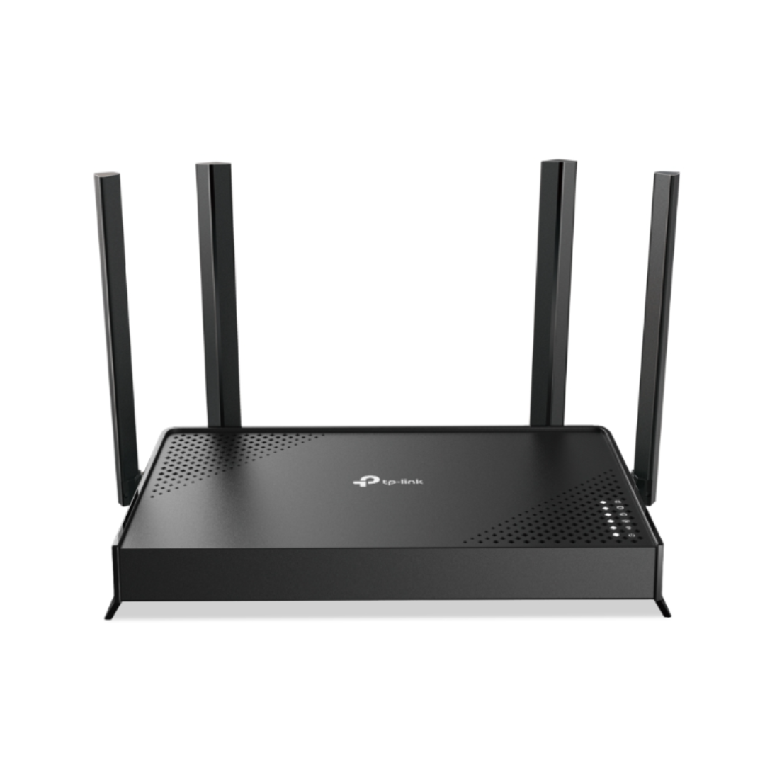 Black router with multiple antennas on a white background