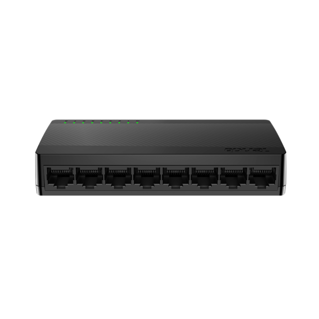 Black network switch with multiple ports on a white background